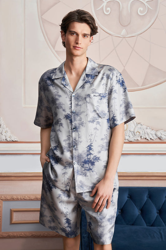 New Tropical树影男士桑蚕丝短袖睡衣套装