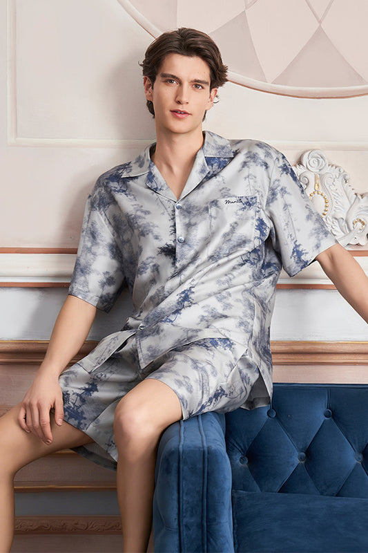 New Tropical树影男士桑蚕丝短袖睡衣套装