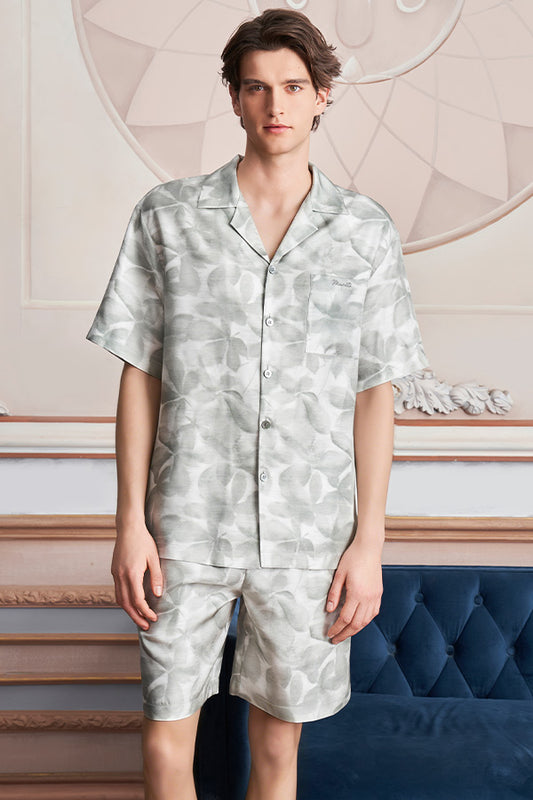 New Tropical花影男士桑蚕丝短袖睡衣套装
