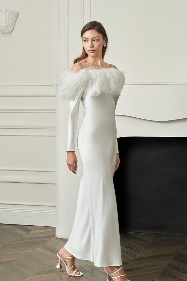 New Diva 女士羽毛一字肩连衣裙