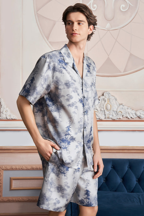 New Tropical树影男士桑蚕丝短袖睡衣套装