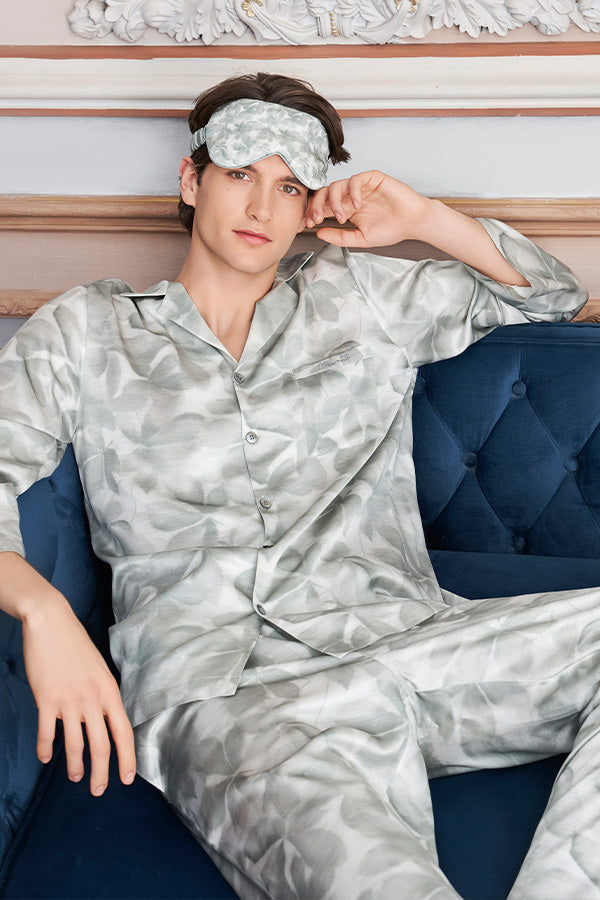 New Tropical花影男士桑蚕丝长袖睡衣套装