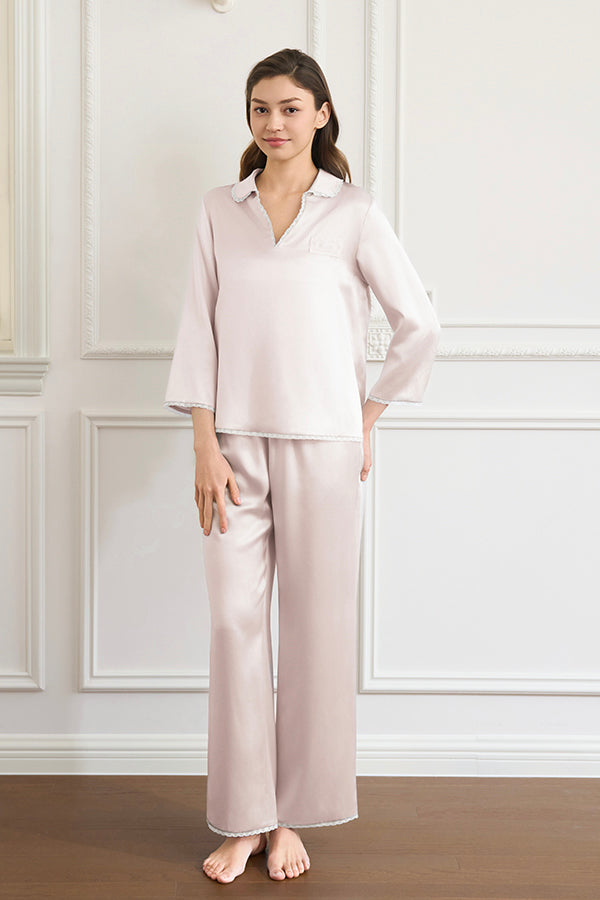 Lunavie 女士桑蚕丝V领家居服套装