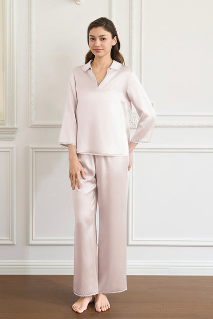 Lunavie 女士桑蚕丝V领家居服套装