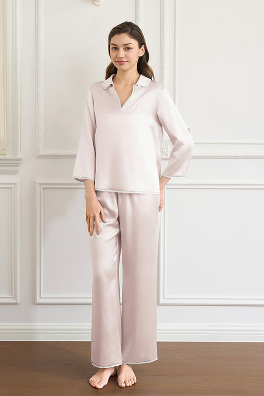 Lunavie 女士桑蚕丝V领家居服套装