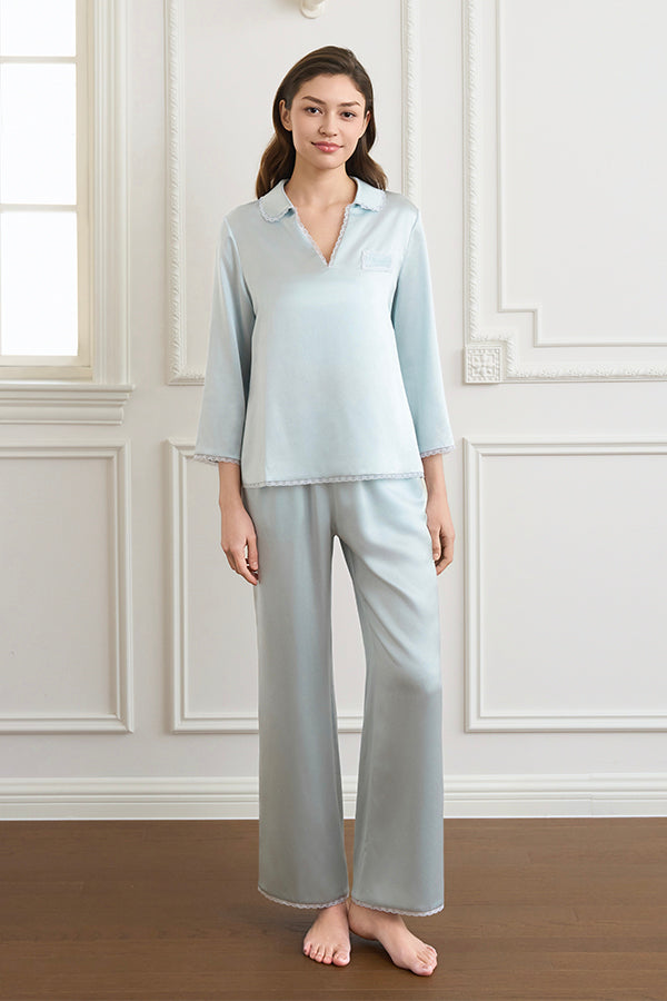 Lunavie 女士桑蚕丝V领家居服套装