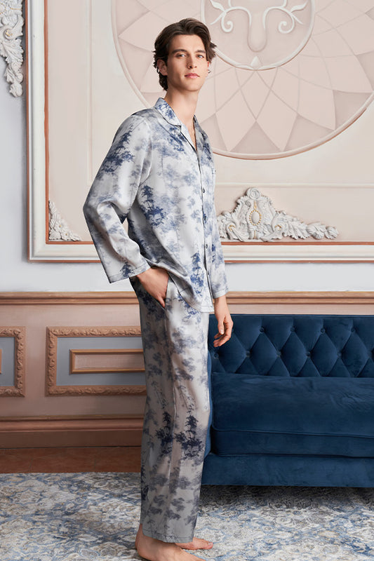 New Tropical树影男士桑蚕丝长袖睡衣套装