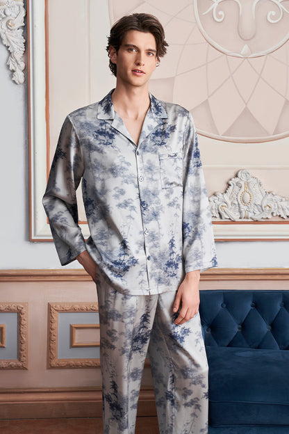 New Tropical树影男士桑蚕丝长袖睡衣套装